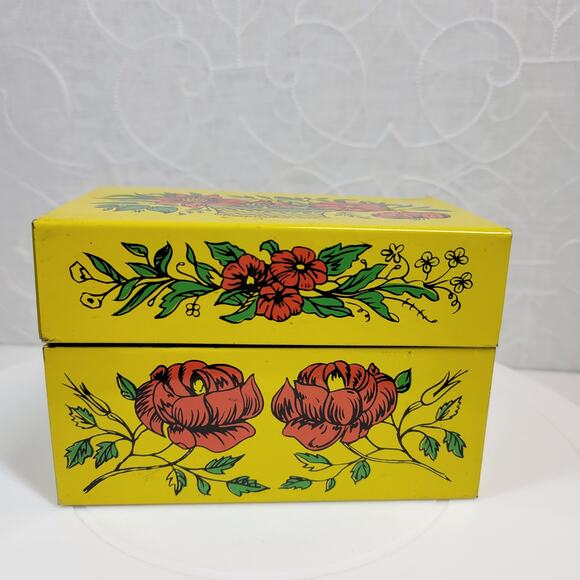 Vintage Syndicate Mfg Recipe Box Yellow Red Floral Metal Tin with Divider Cards - Picture 14 of 16